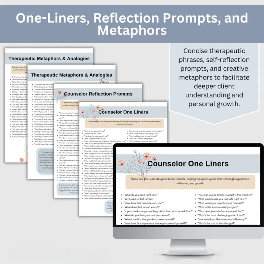 Therapy Questions, Cheat Sheets, Counselor One-Liners, Reflection Prompts
