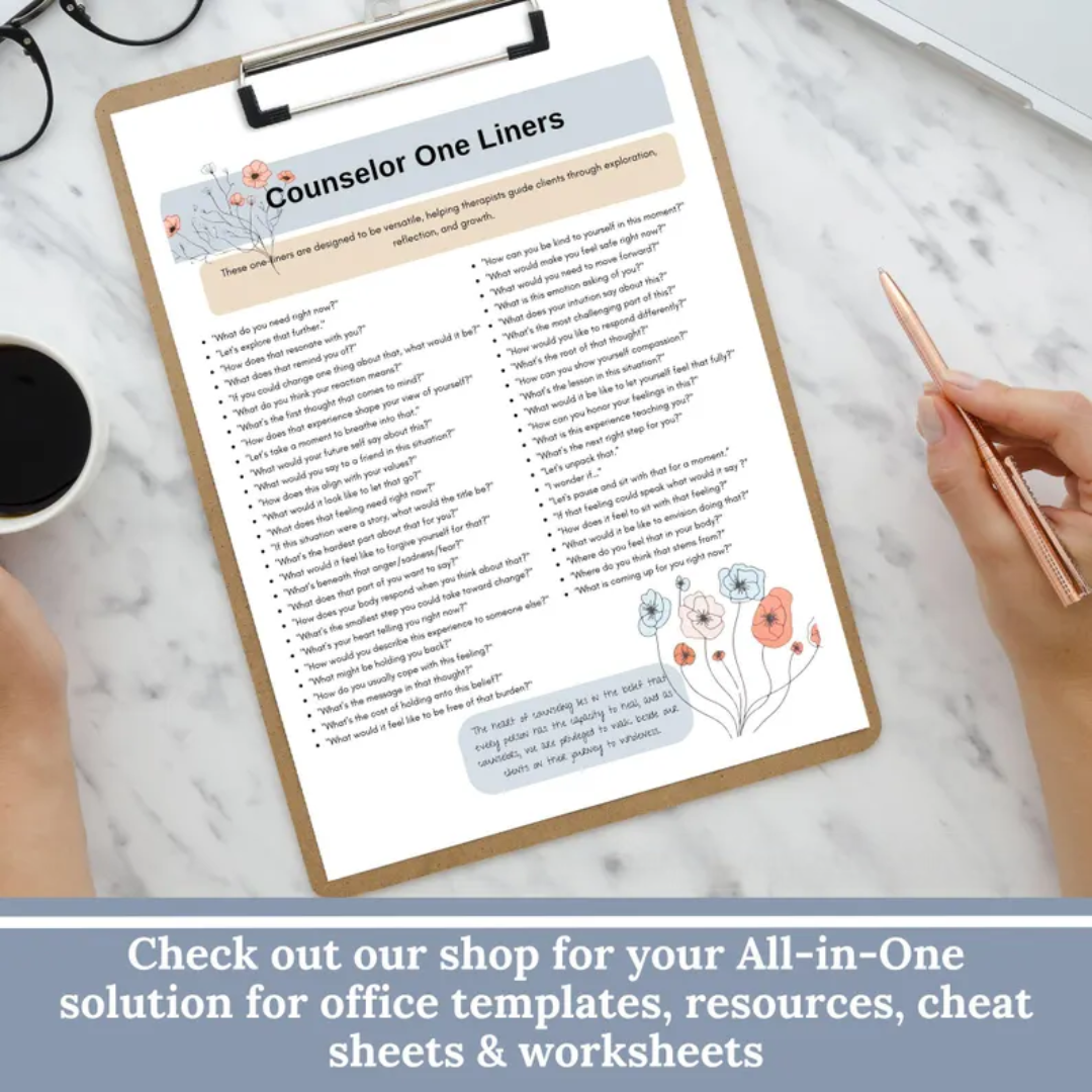 Therapy Questions, Cheat Sheets, Counselor One-Liners, Reflection Prompts