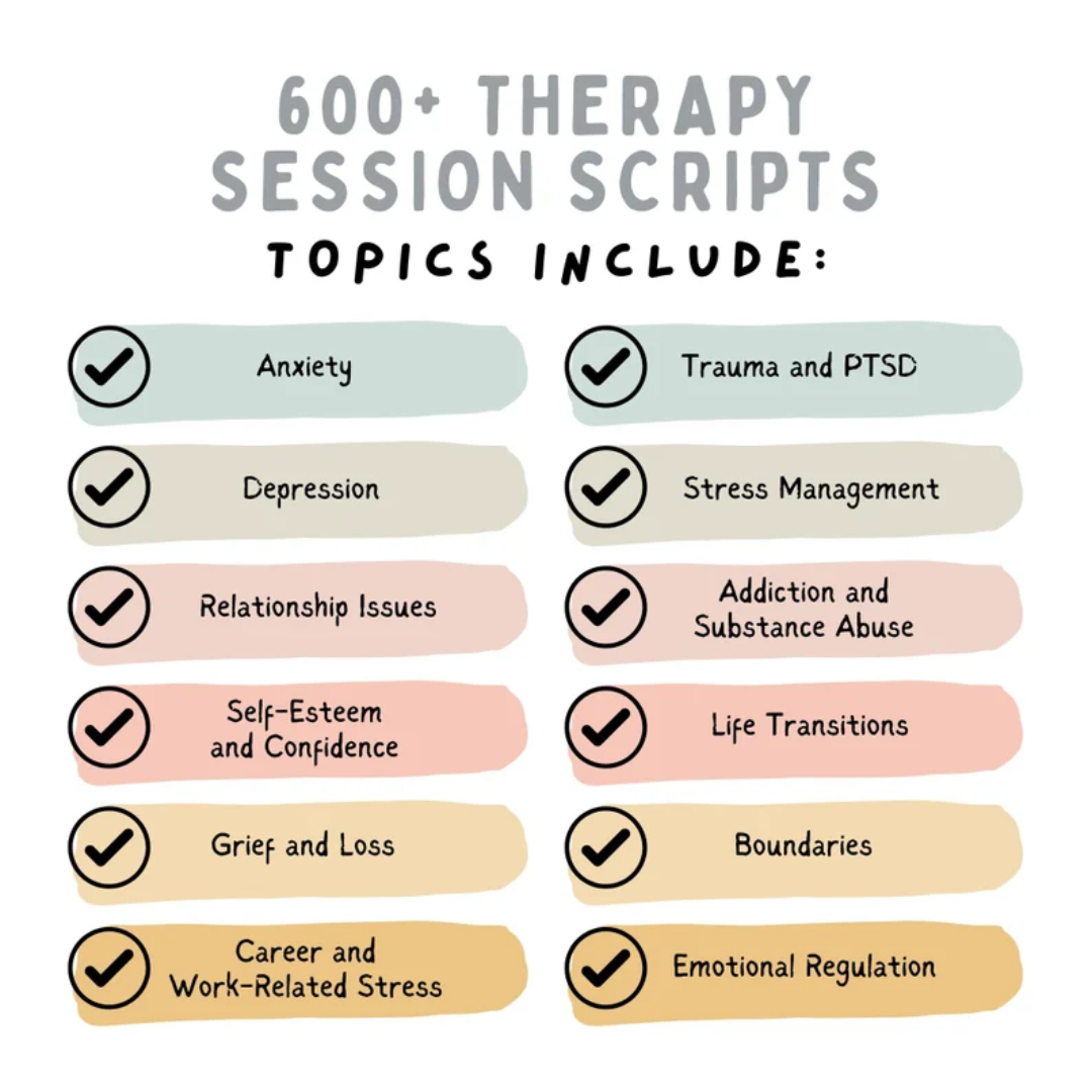 600+ Therapy Session Scripts, Cheat Sheets, Trauma, Grief, Work Stress, Emotional Regulation, Elevate your Toolkit