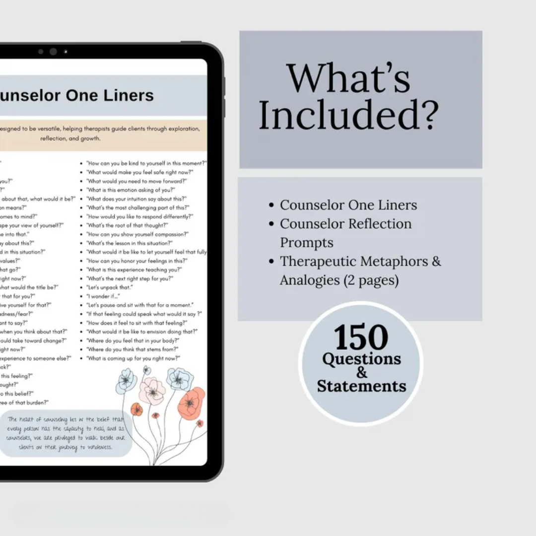 Therapy Questions, Cheat Sheets, Counselor One-Liners, Reflection Prompts