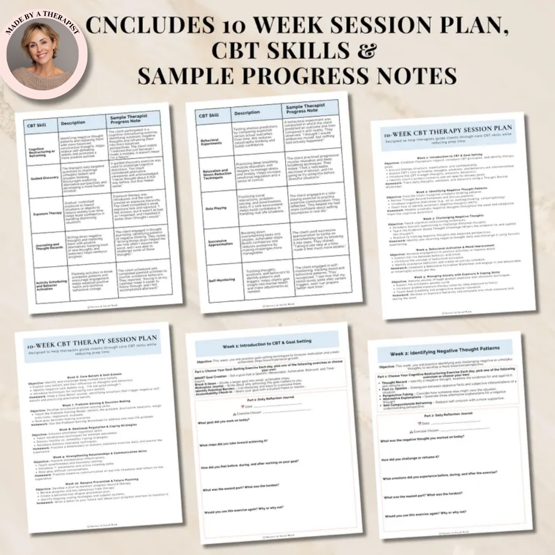 CBT Session Plans & Progress Notes for Sessions, CBT Skills, CBT Workbook