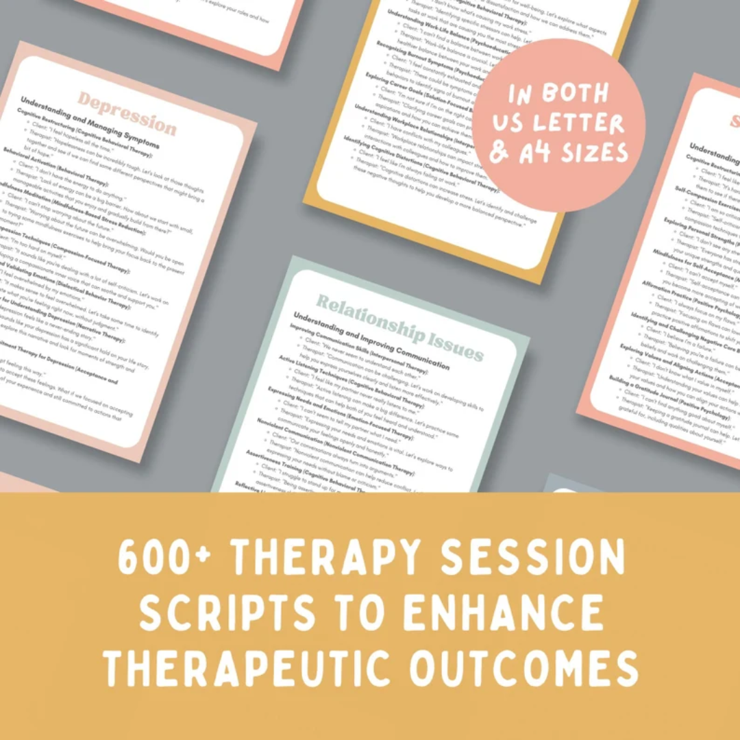 600+ Therapy Session Scripts, Cheat Sheets, Trauma, Grief, Work Stress, Emotional Regulation, Elevate your Toolkit