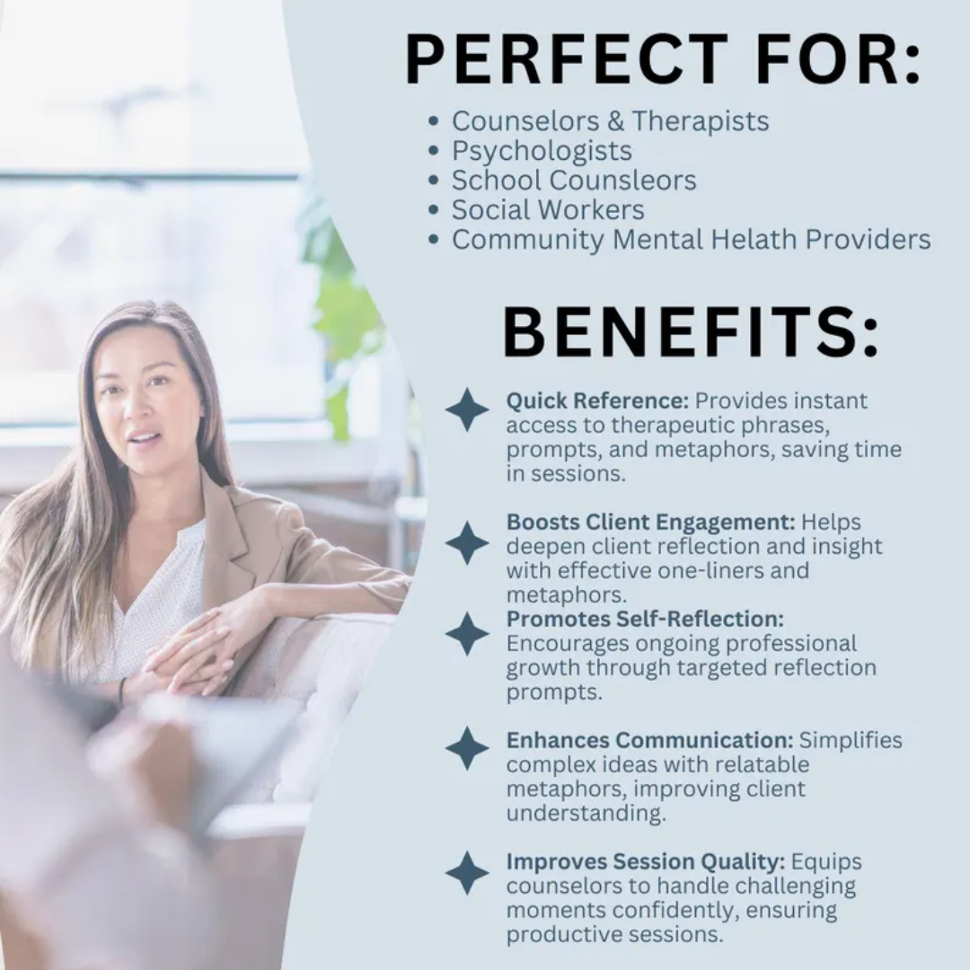 Therapy Questions, Cheat Sheets, Counselor One-Liners, Reflection Prompts