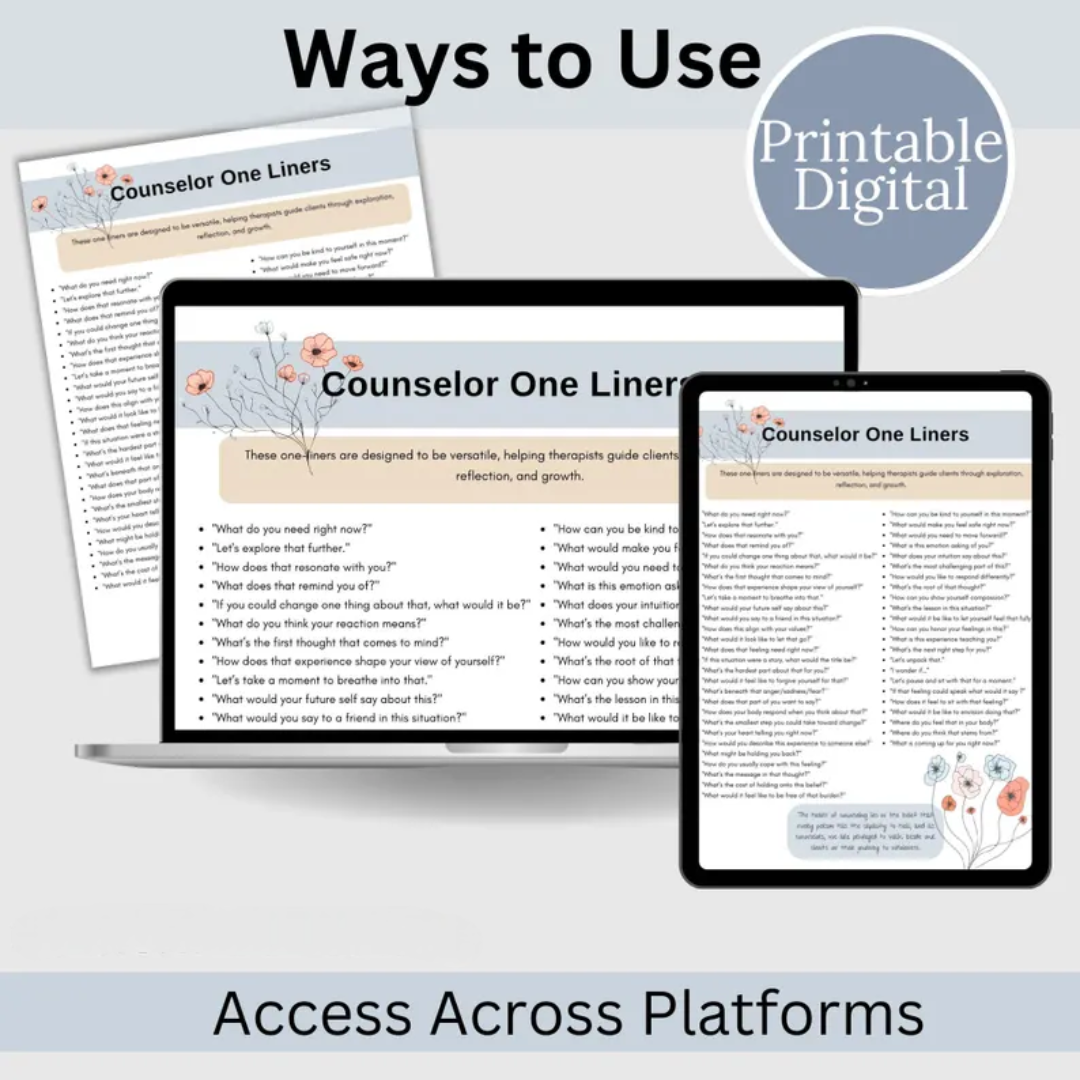 Therapy Questions, Cheat Sheets, Counselor One-Liners, Reflection Prompts